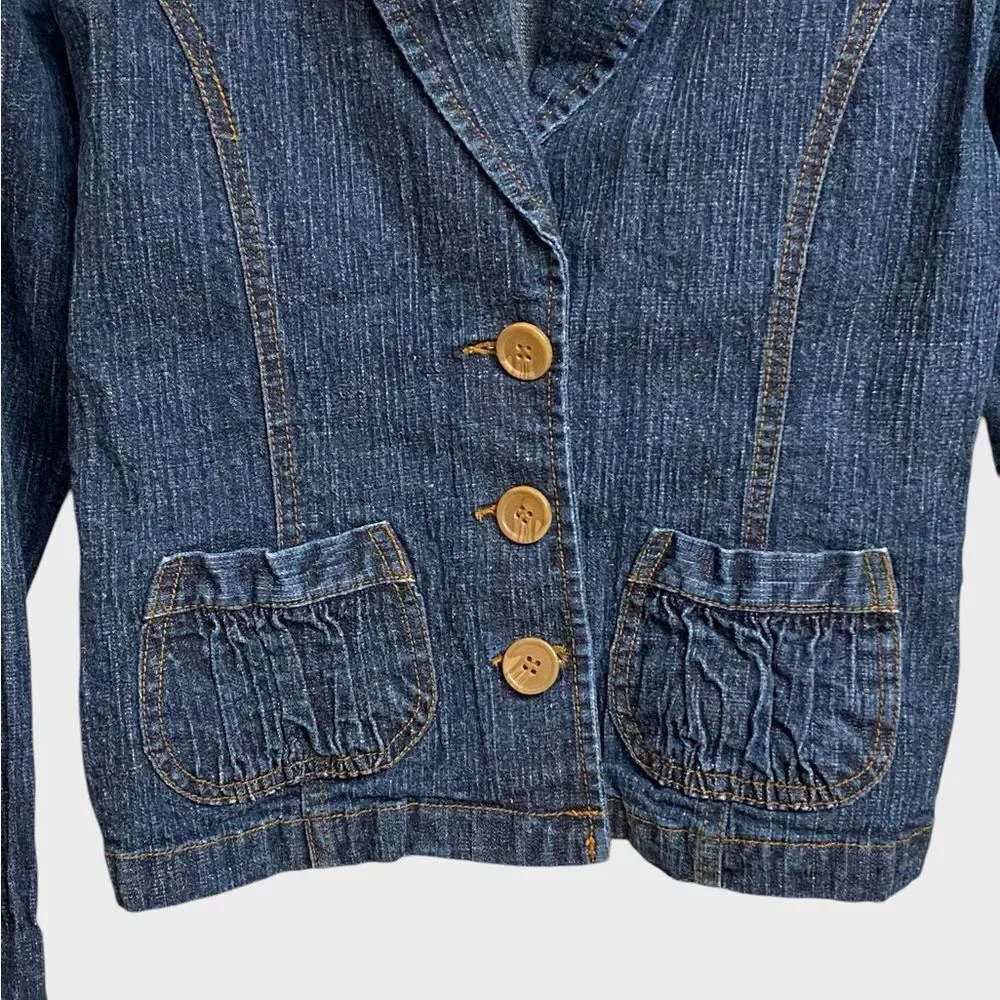 Tulle Women's Three-Button Denim Jacket Sz L Fitted Pockets Retro Chic Coquette